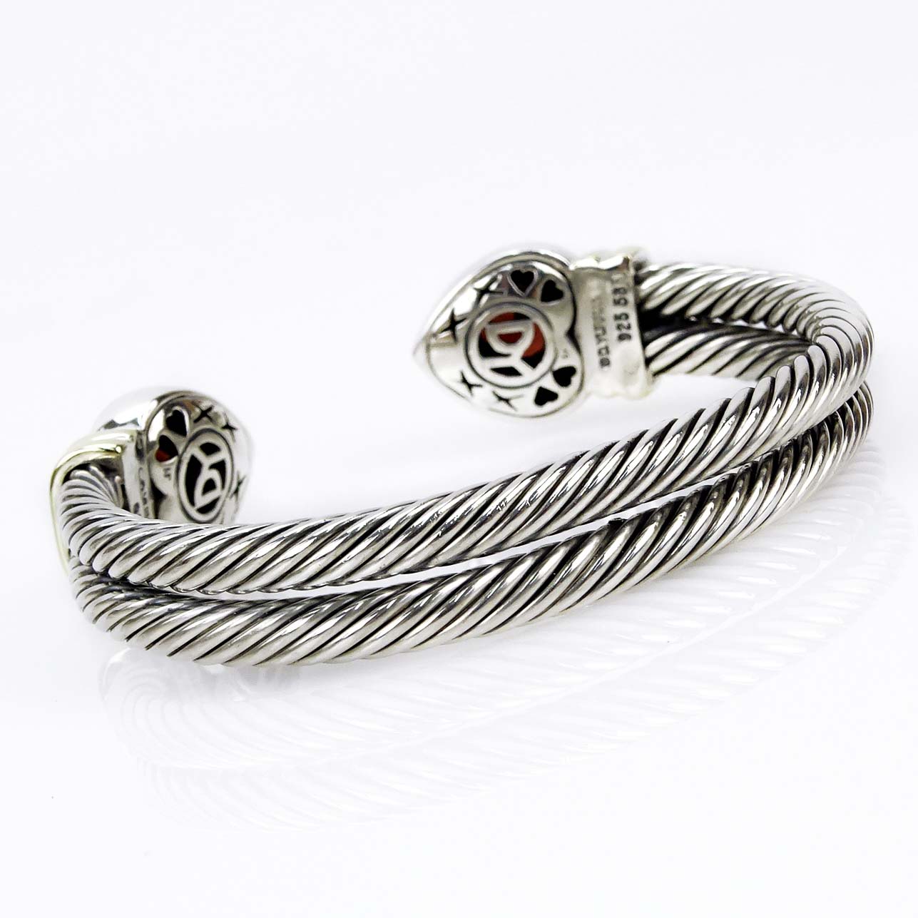 David Yurman 925 Silver, 14 Karat Yellow Gold and Heart Shape Garnet Double Cable Hearts Cuff Bangle Bracelet. 