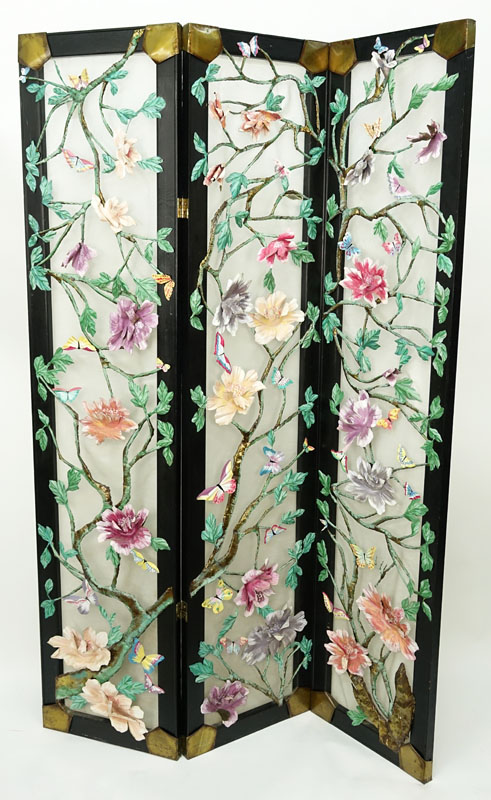 Lee Menichetti (20th C.) Hand Painted Metal Art Butterflies and Flowers 3 Panel Screen.