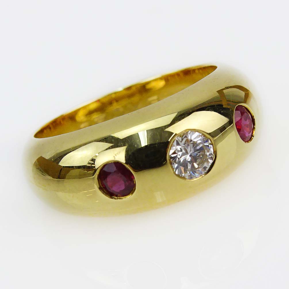 Cartier Gypsy 18 Karat Yellow Gold Dome Band Ring with Approx. .20 Carat Diamond and Ruby Accents.