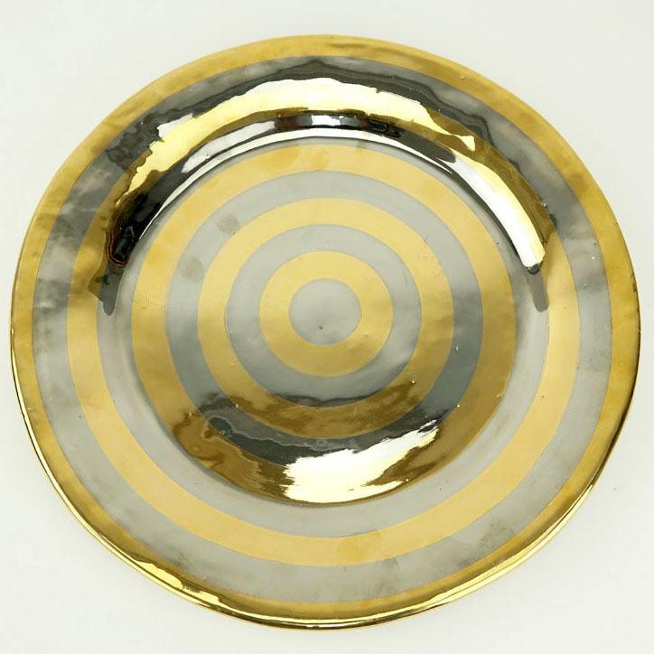 Modern Italian Ceramic Plate Hand Decorated In 24K Gold And Platinum.