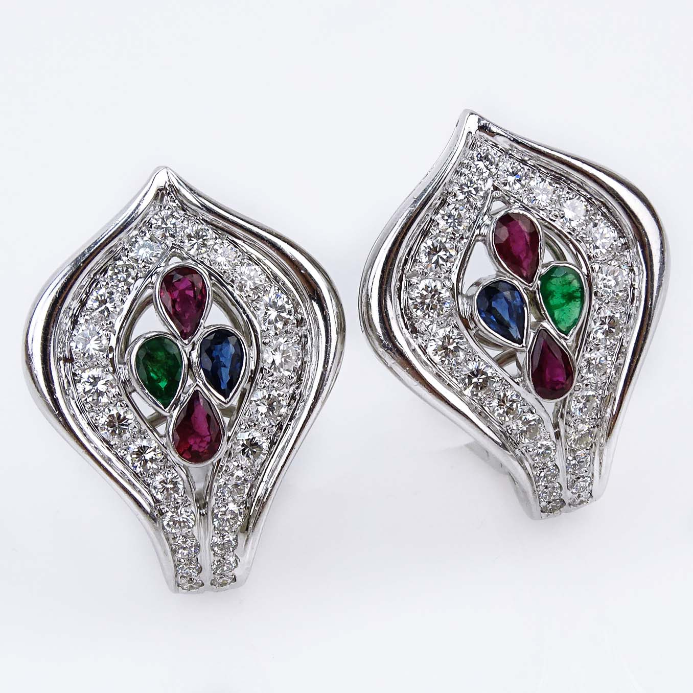 Cartier Diamond, Ruby, Emerald, Sapphire and 18 Karat White Gold Earrings.