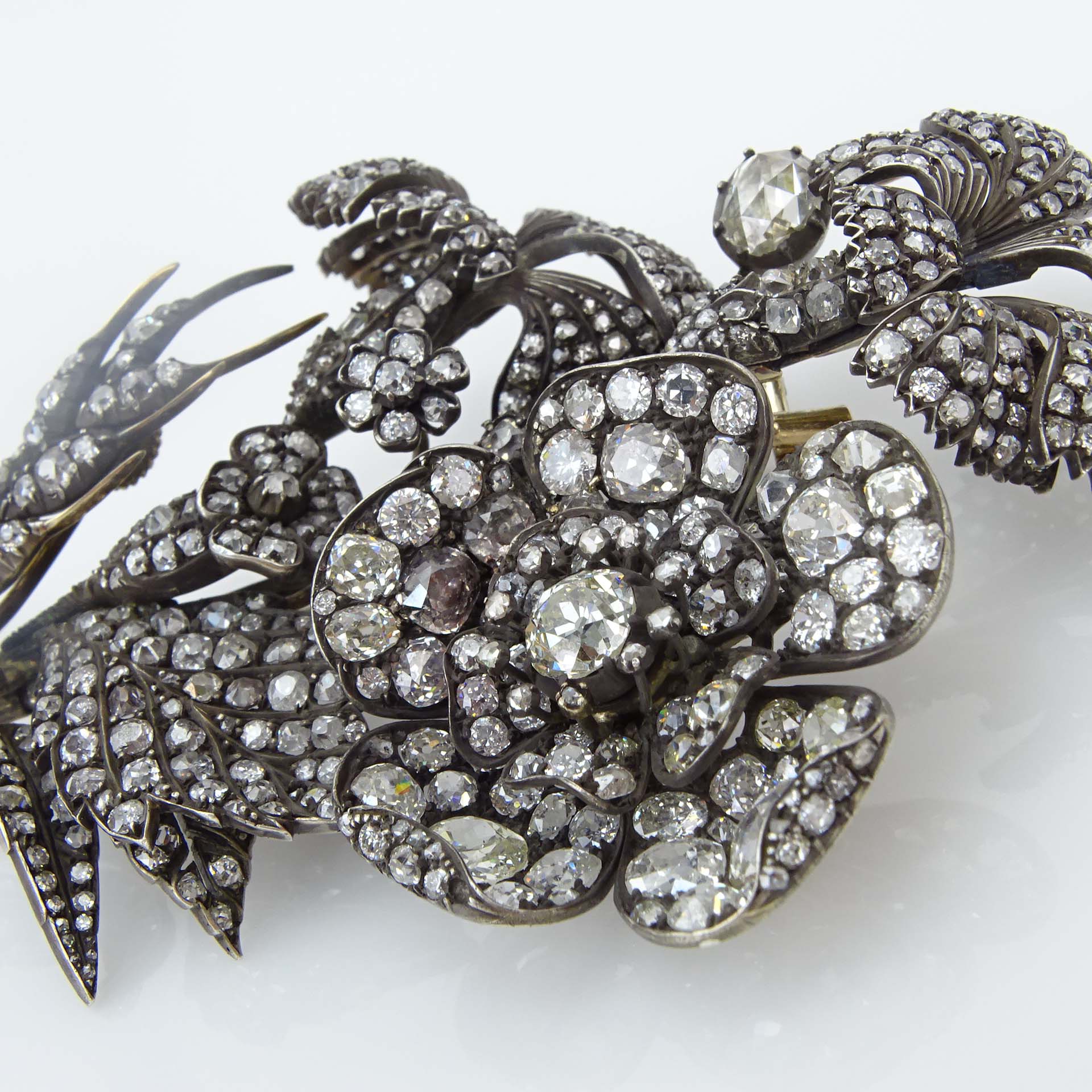 Large 19th Century Approx. 20.00 Carat Rose Cut and Old European Cut Diamond and Silver Flower Brooch en tremblant.