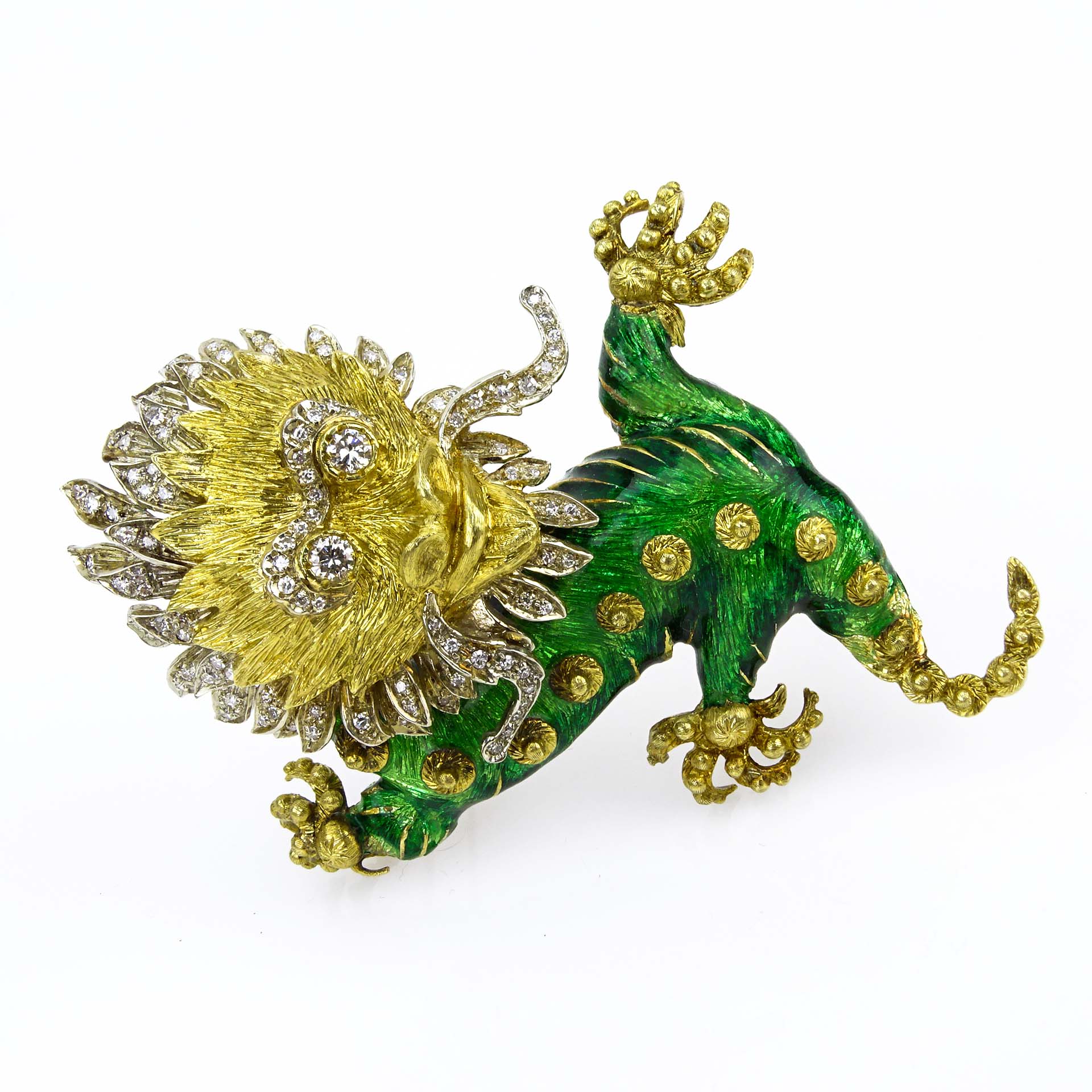 Vintage Italian Heavy 18 Karat Yellow Gold, Enamel and Diamond Chinese Dragon Brooch. 