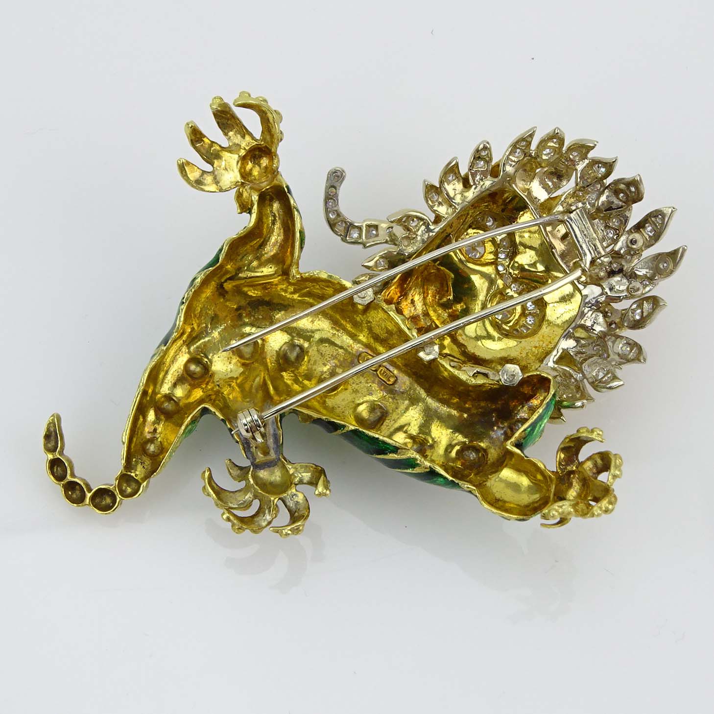 Vintage Italian Heavy 18 Karat Yellow Gold, Enamel and Diamond Chinese Dragon Brooch. 