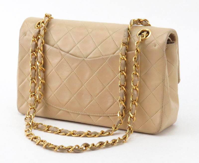 Chanel Beige Quilted Lambskin Double Flap Bag.