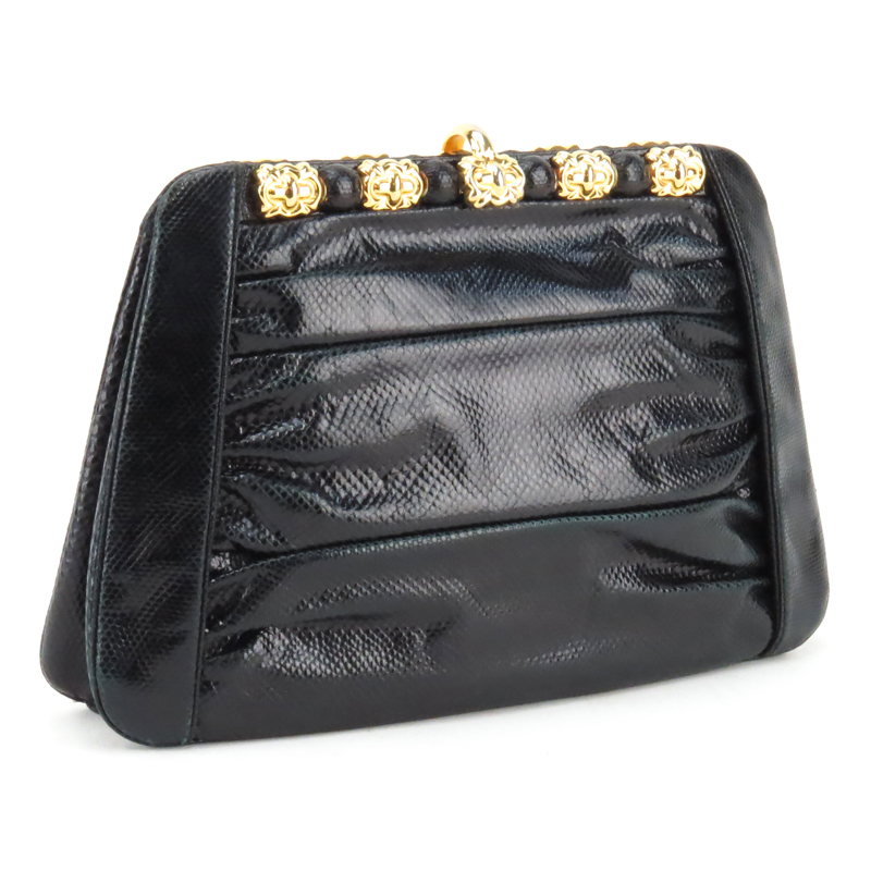 Judith Leiber Ruched Karung Snakeskin Clutch Bag.