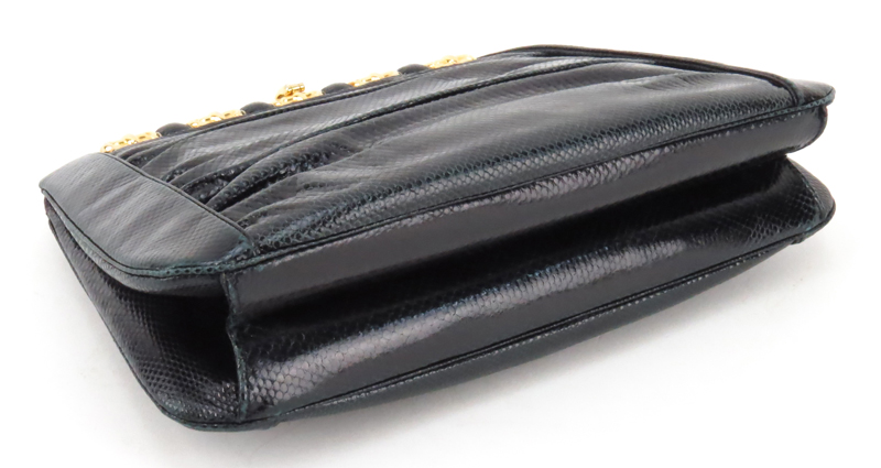 Judith Leiber Ruched Karung Snakeskin Clutch Bag.