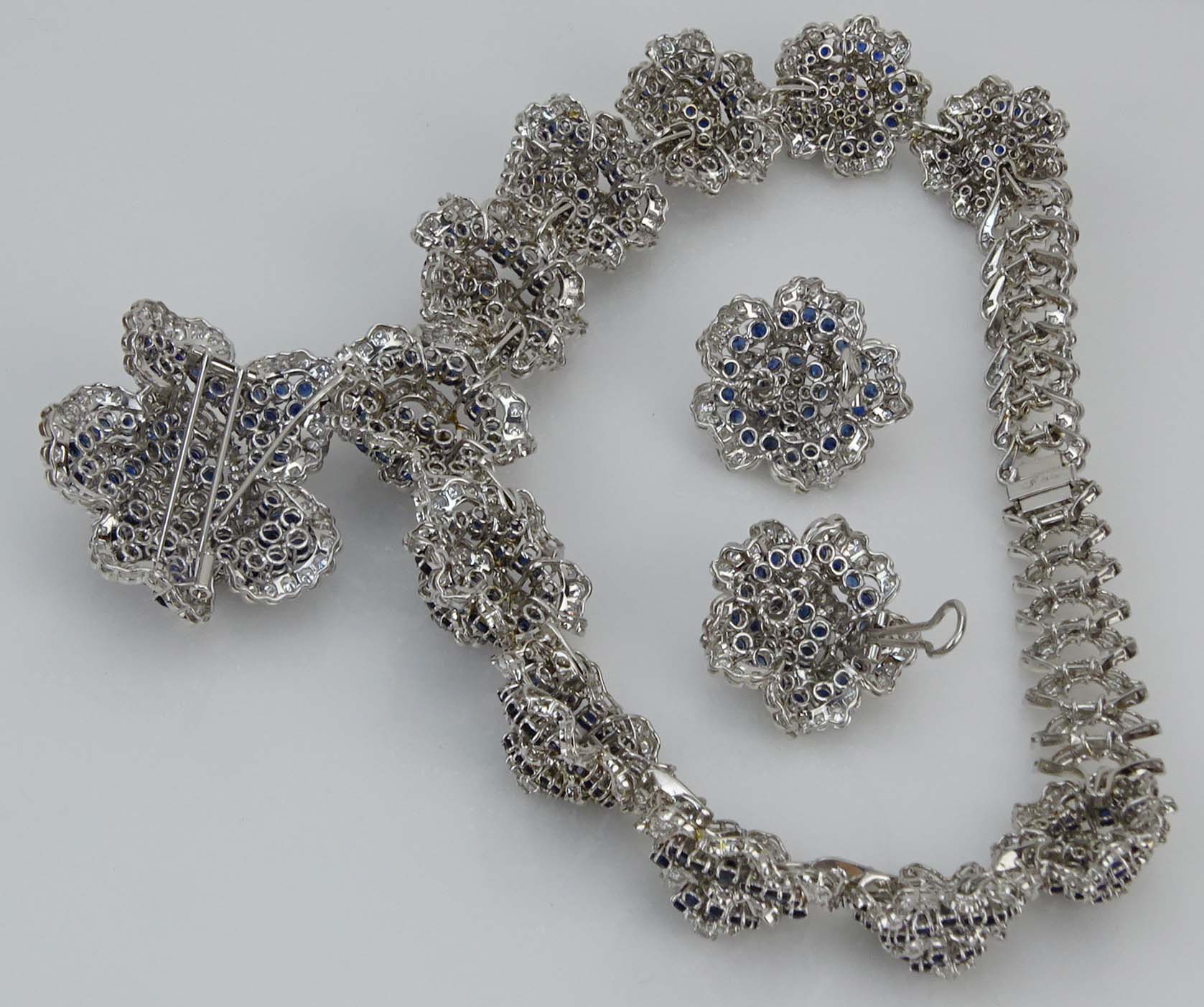 Very Fine Quality Approx. 60.0 Carat Round Brilliant Cut Diamond, 60.0 Carat Round Brilliant Cut Sapphire and 18 Karat White Gold Suite Including Necklace, Brooch and Earrings. 