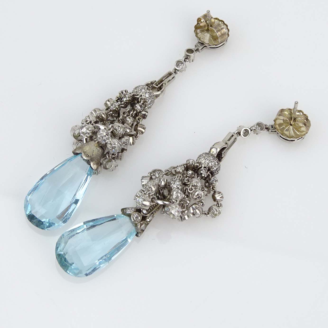 Very Fine Antique Approx. 20.0 Carat Gem Quality Briolette Cut Aquamarine, 8.25 Carat Rose Cut Diamond and Platinum Chandelier Earrings.