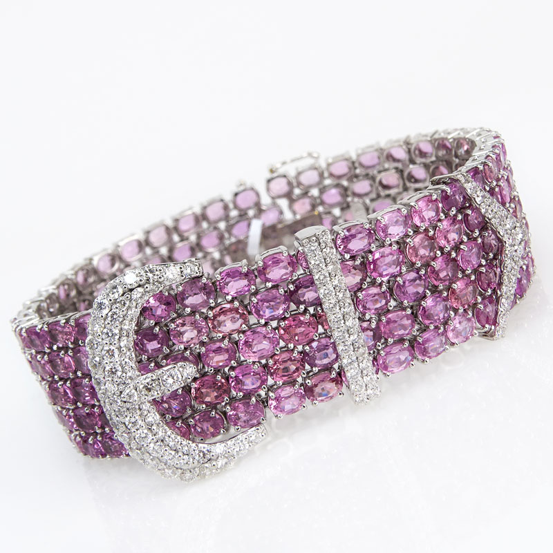 Contemporary Approx. 63.46 Carat Oval Cut Pink Sapphire, 2.16 Carat Round Brilliant Cut Diamond and 18 Karat White Gold Bracelet. 