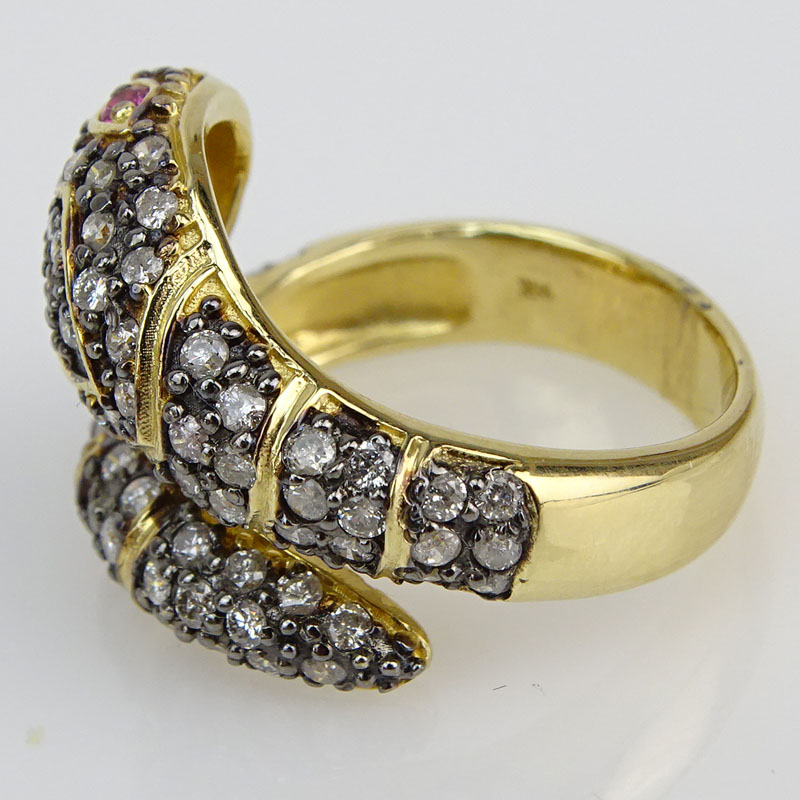 Approx. 1.20 Carat Diamond, .05 Carat Pink Sapphire and 14 Karat Yellow Gold Snake Ring. 