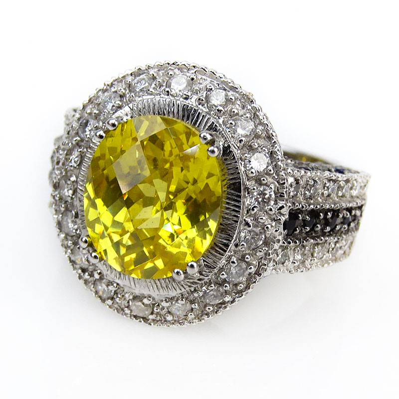 Approx. 9.20 Carat Oval Cushion Cut Citrine, .75 Carat Diamond, Sapphire and 18 Karat White Gold Ring. 