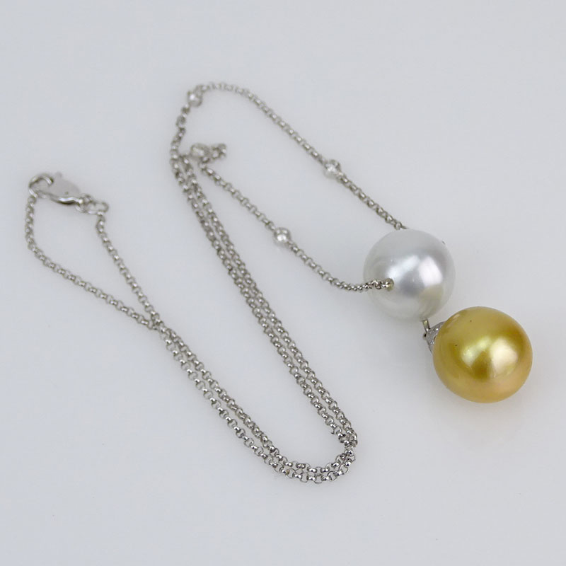 South Sea Pearl, Approx. .30 Carat Diamond and 14 Karat White Gold Pendant Necklace. 