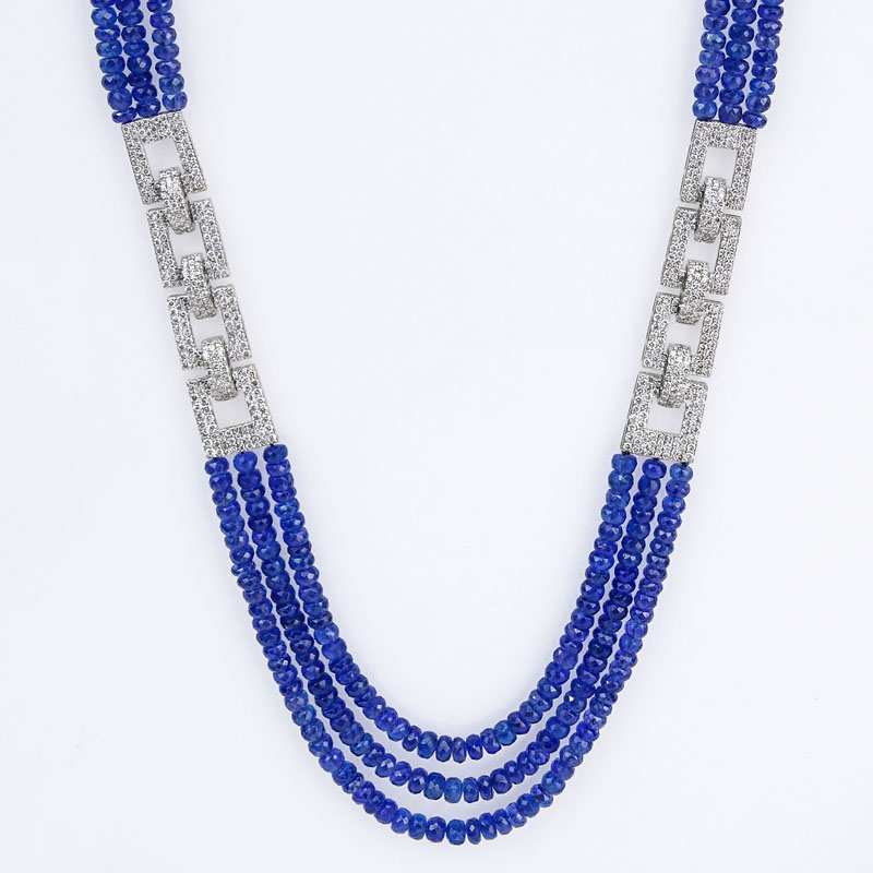 Contemporary Approx. 237.50 Carat Tanzanite Bead, 9.04 Carat Pave Set Round Brilliant Cut Diamond and 18 Karat White Gold Necklace. 