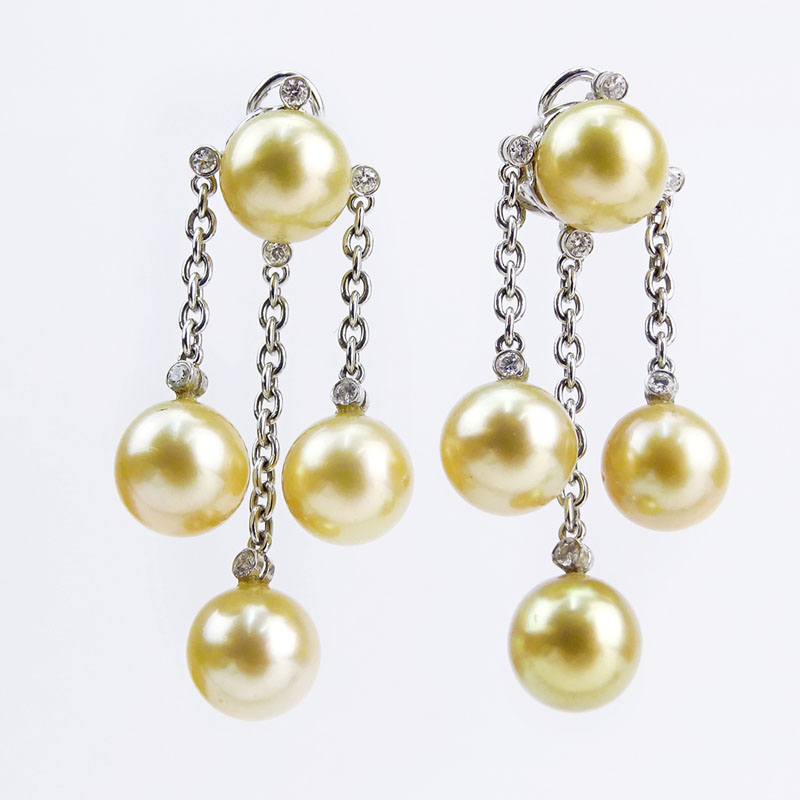 Golden South Sea Pearl, .45 Carat Diamond and 18 Karat White Gold Chandelier Earrings. 