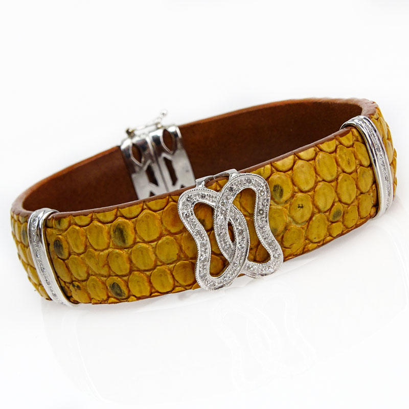 Approx. .45 Carat Diamond and 18 Karat White Gold Mounted Leather Bracelet.