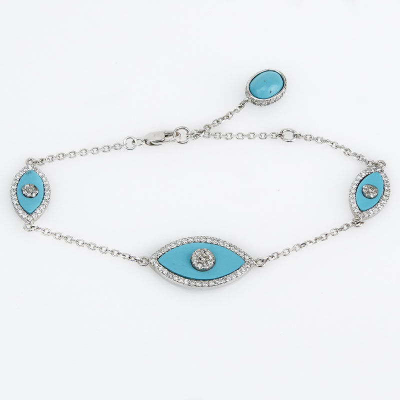 Approx. .80 Carat Diamond, Turquoise and 14 Karat White Gold Bracelet. 