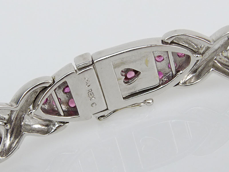 Approx. 1.35 Carat Diamond, 3.45 Carat Pink and Green Sapphire and 18 Karat White Gold Link Bracelet. 