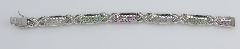 Approx. 1.35 Carat Diamond, 3.45 Carat Pink and Green Sapphire and 18 Karat White Gold Link Bracelet. 