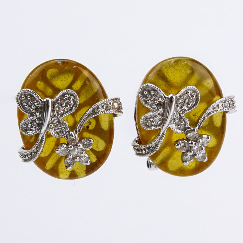 Approx. .40 carat Diamond, Citrine and 14 Karat White Gold Earrings. 