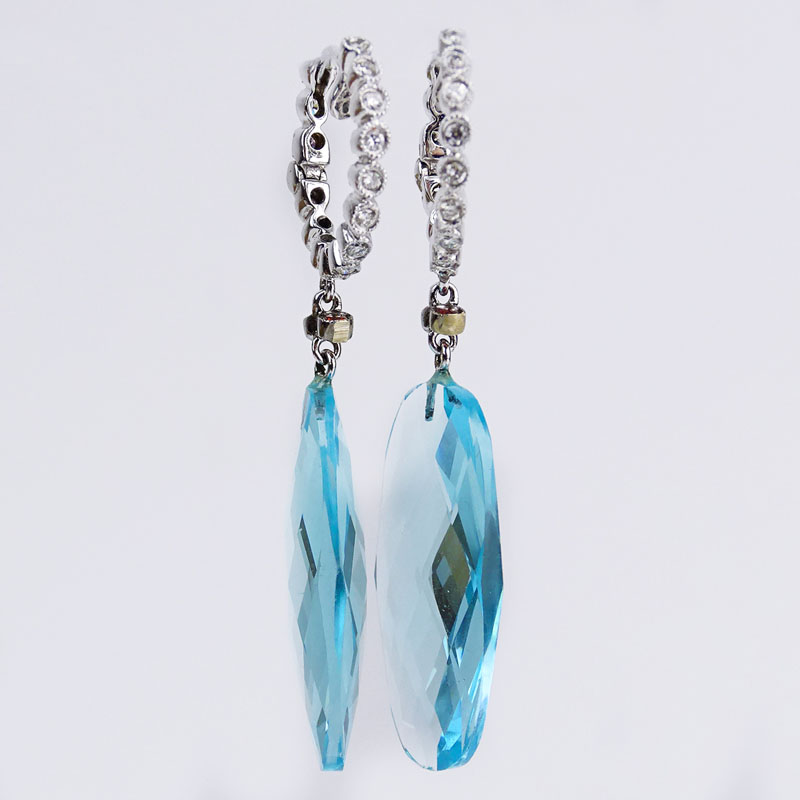 Contemporary Approx. 31.30 Carat Blue Topaz, .35 Carat Diamond and 18 Karat White Gold Pendant Earrings. 