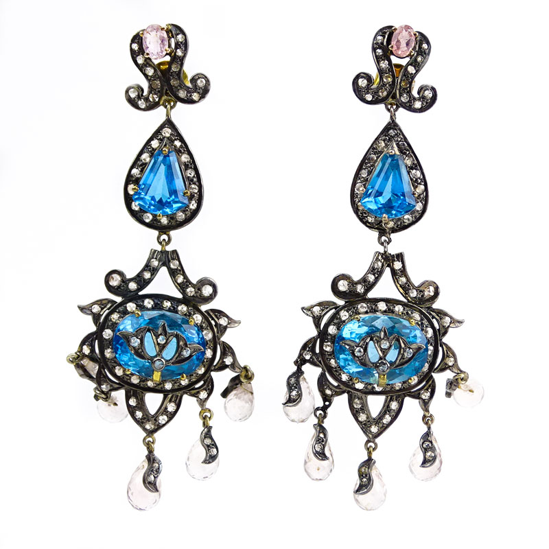 Large Antique style Approx. 28.00 Carat London Blue Topaz, 2.05 Carat Diamond, Rose Quartz, 14 Karat Yellow Gold and Silver Chandelier Earrings. 