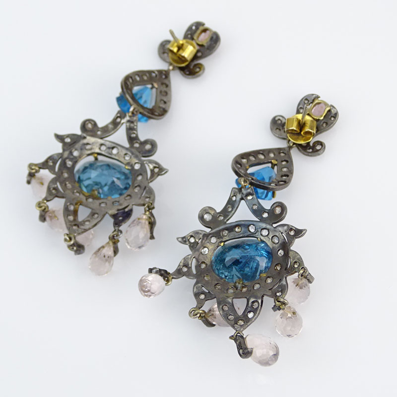 Large Antique style Approx. 28.00 Carat London Blue Topaz, 2.05 Carat Diamond, Rose Quartz, 14 Karat Yellow Gold and Silver Chandelier Earrings. 