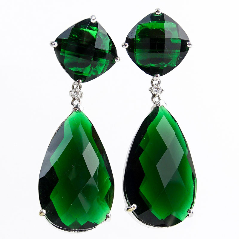 Approx. .12 Carat Diamond, 64.05 Carat Green Stone and 14 Karat White Gold Fashion Pendant Earrings. 