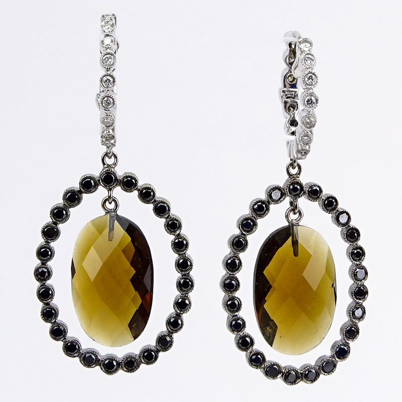 Approx. 2.55 Carat Fancy Black Diamond, .40 Carat White Diamond, 12.0 Carat Citrine and 18 Karat White Gold Pendant Earrings. 