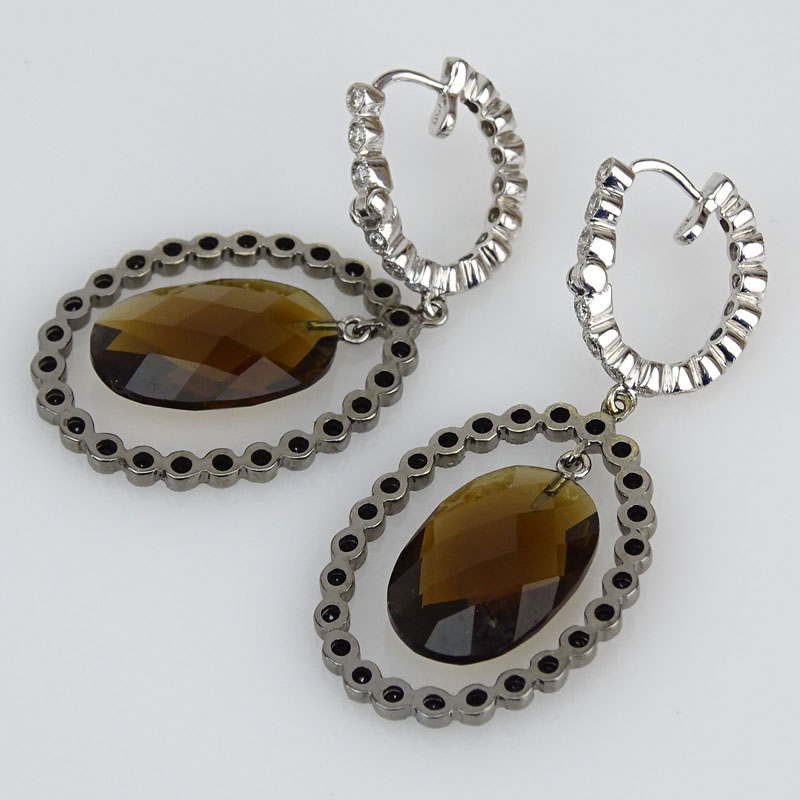 Approx. 2.55 Carat Fancy Black Diamond, .40 Carat White Diamond, 12.0 Carat Citrine and 18 Karat White Gold Pendant Earrings. 