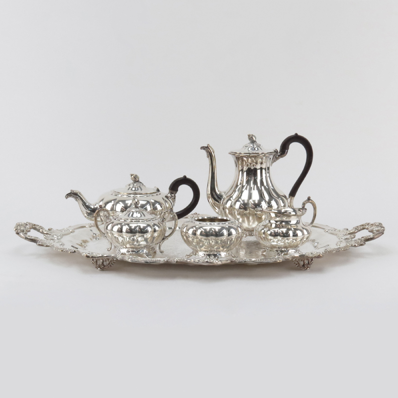 Six (6) Piece Antique English Repousse Silver Plate Tea/Coffee Service.