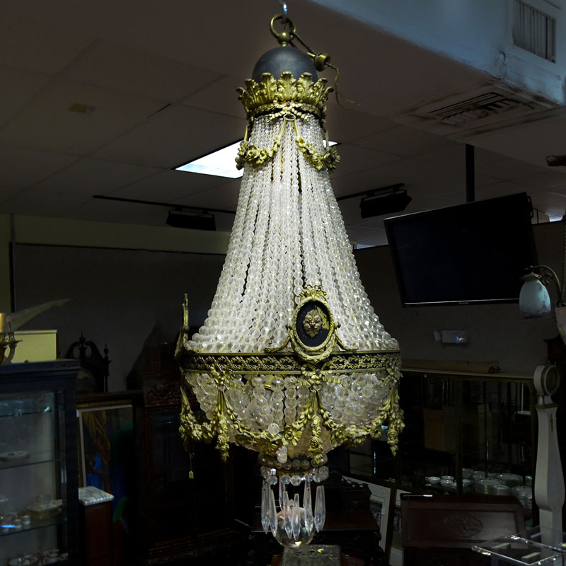 Third Quarter 19th Century French Empire Style Bronze and Beaded Crystal Chandelier.