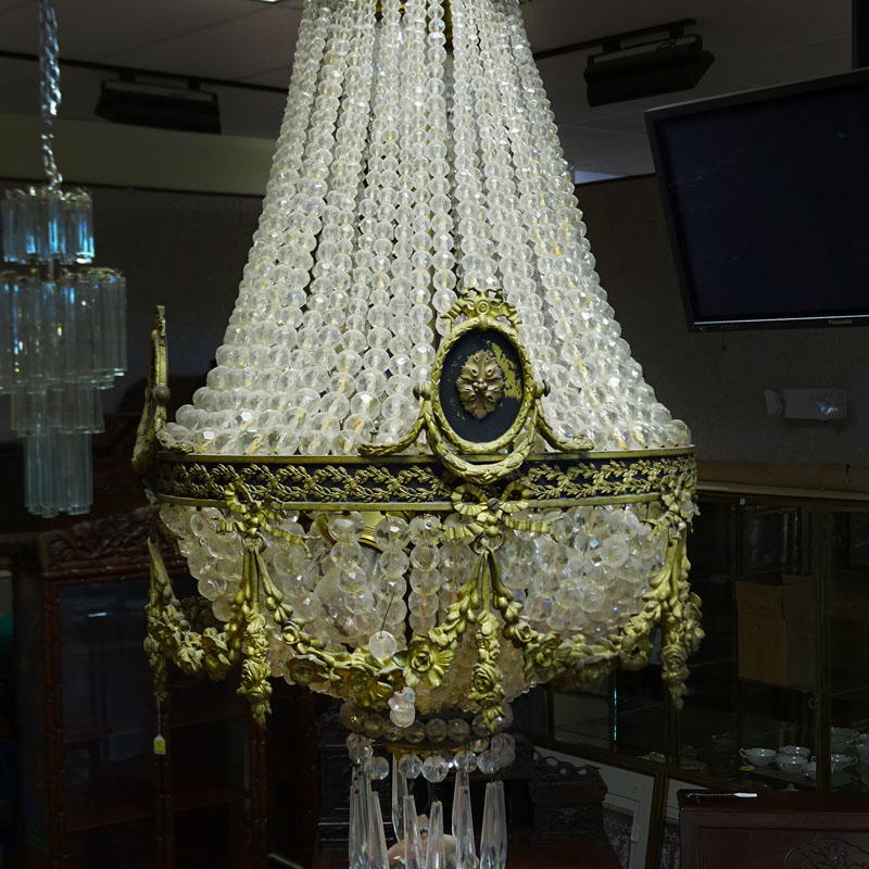 Third Quarter 19th Century French Empire Style Bronze and Beaded Crystal Chandelier.