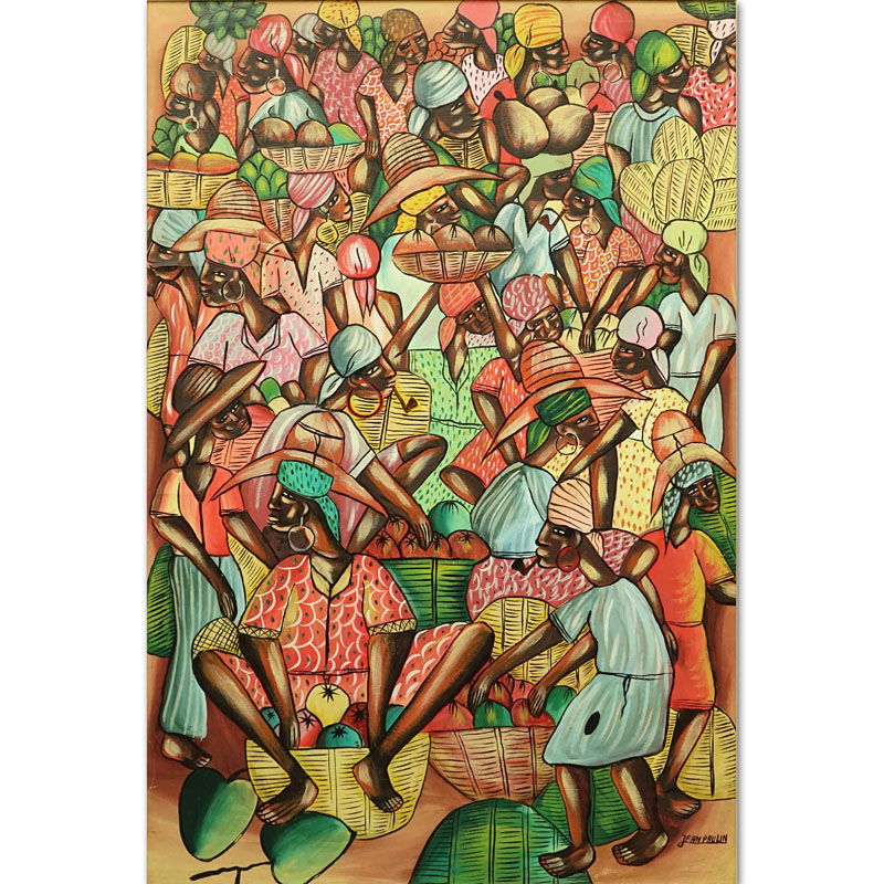 Jean Paulin, Haitian (20th Century) "Marketplace" Oil on Linen Painting 