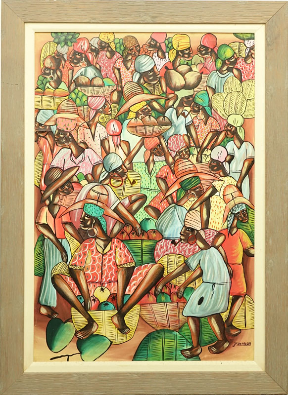 Jean Paulin, Haitian (20th Century) "Marketplace" Oil on Linen Painting 