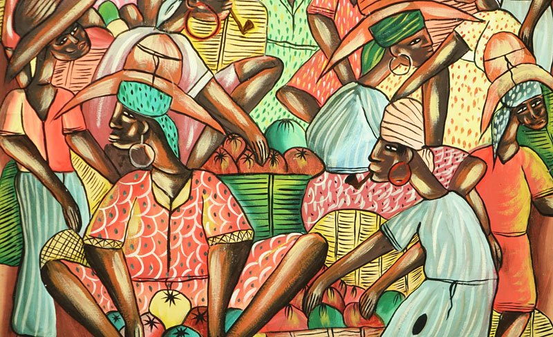 Jean Paulin, Haitian (20th Century) "Marketplace" Oil on Linen Painting 