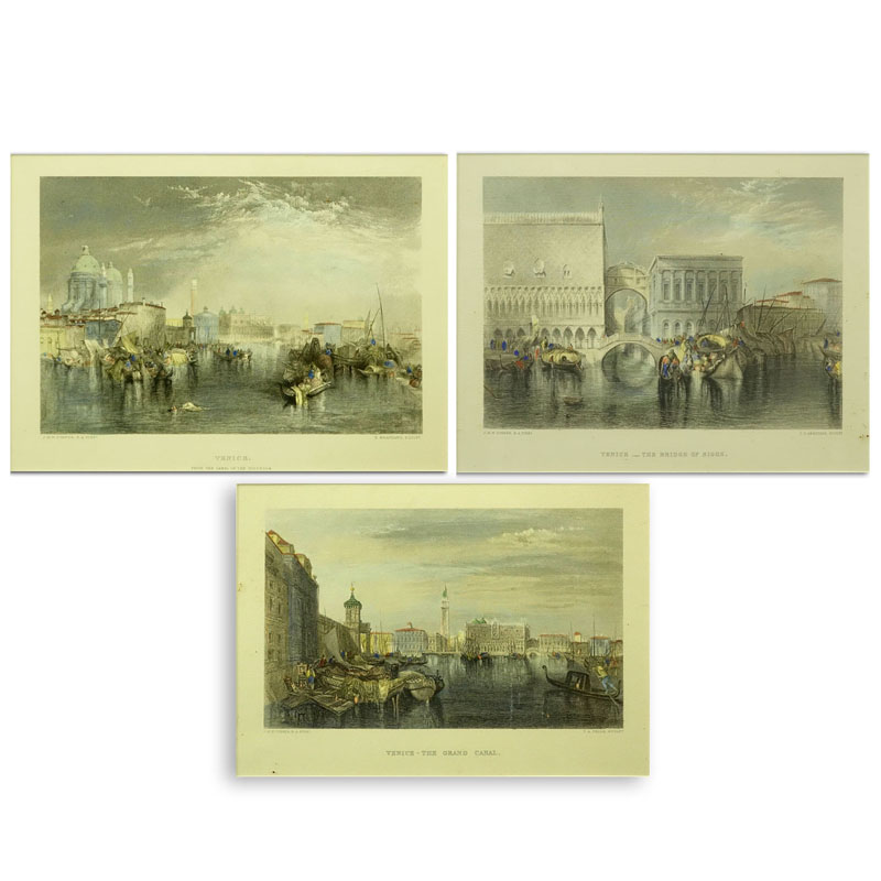 Three (3) After: J M W Turner, British (1775-1851) R. A. Pinx Colored Prints. Includes: "Venice", "The Grand Canal", and "The Bridge of Sighs". 