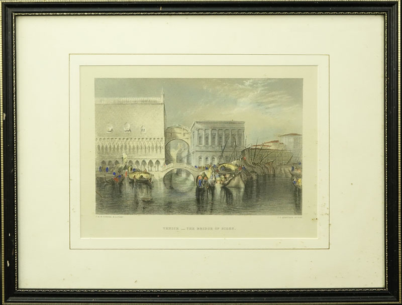 Three (3) After: J M W Turner, British (1775-1851) R. A. Pinx Colored Prints. Includes: "Venice", "The Grand Canal", and "The Bridge of Sighs". 