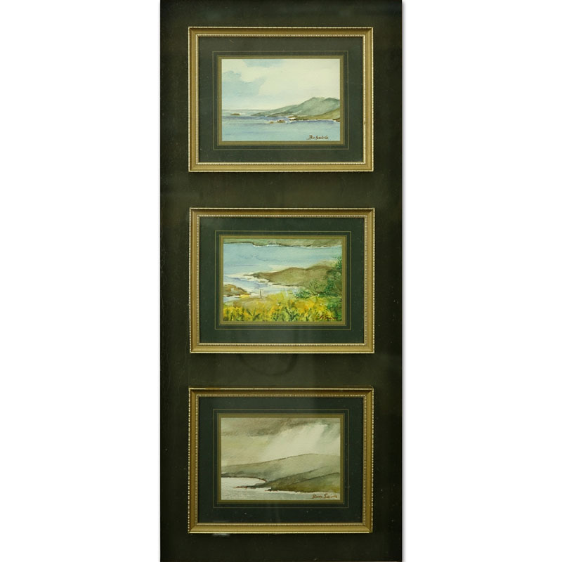 Barbara Von Seida, New Zealand (20th Century) Triptych Watercolours of Ocean Views in a Single Frame. 