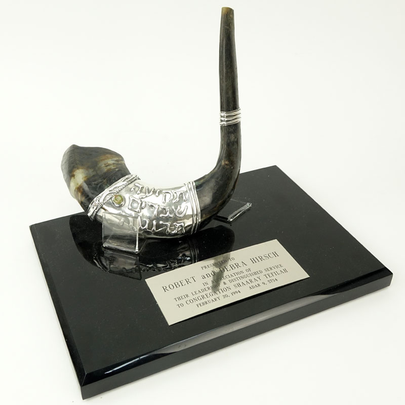 Sterling Silver Mounted Shofar On presentation base.
