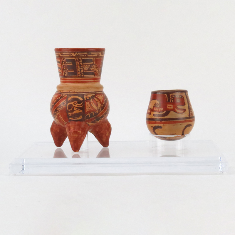 Collection of Two (2) Pre Columbian Polychrome Mayan Ceramic Vessels on Lucite Stand.