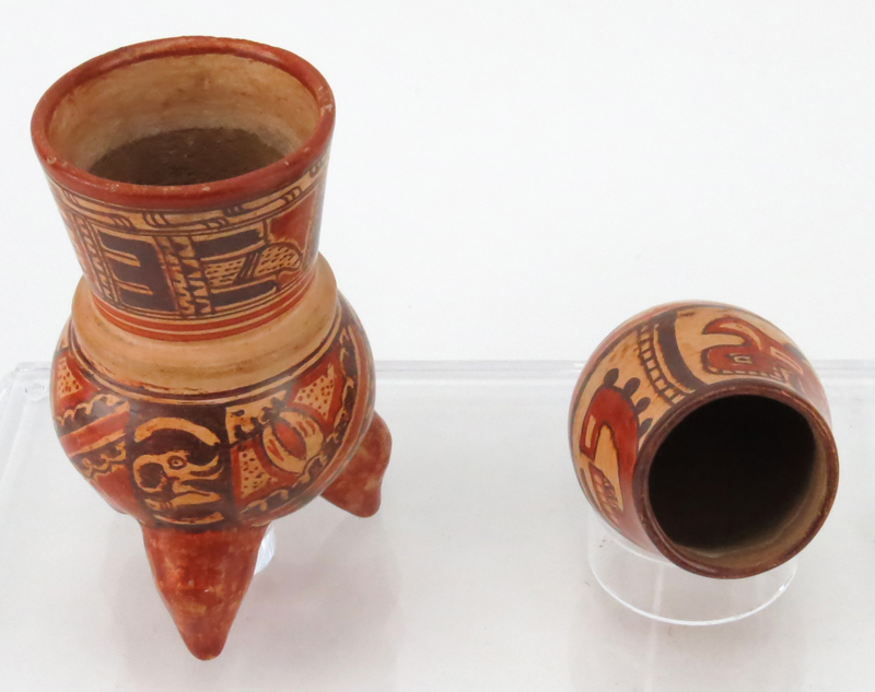 Collection of Two (2) Pre Columbian Polychrome Mayan Ceramic Vessels on Lucite Stand.