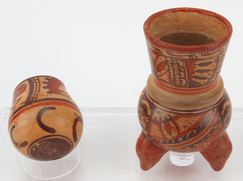 Collection of Two (2) Pre Columbian Polychrome Mayan Ceramic Vessels on Lucite Stand.