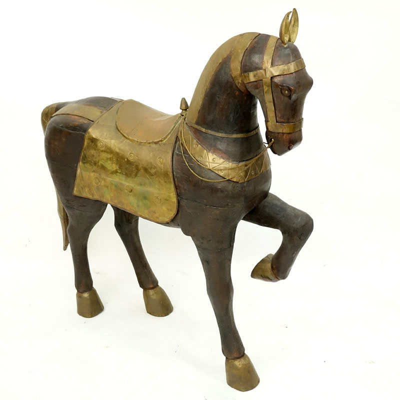 Vintage Carved Wood Horse With Brass Overlay.