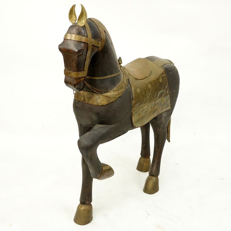 Vintage Carved Wood Horse With Brass Overlay.