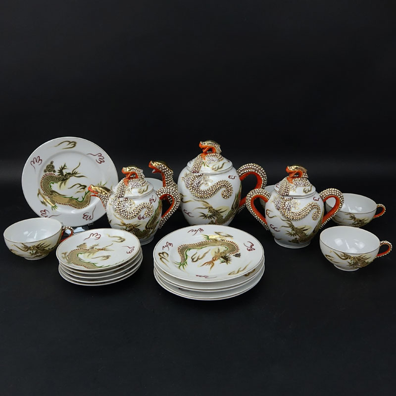 Vintage Nineteen (19) Piece Japanese Chikusa Porcelain Hand painted Moriage Style  Tea Set.