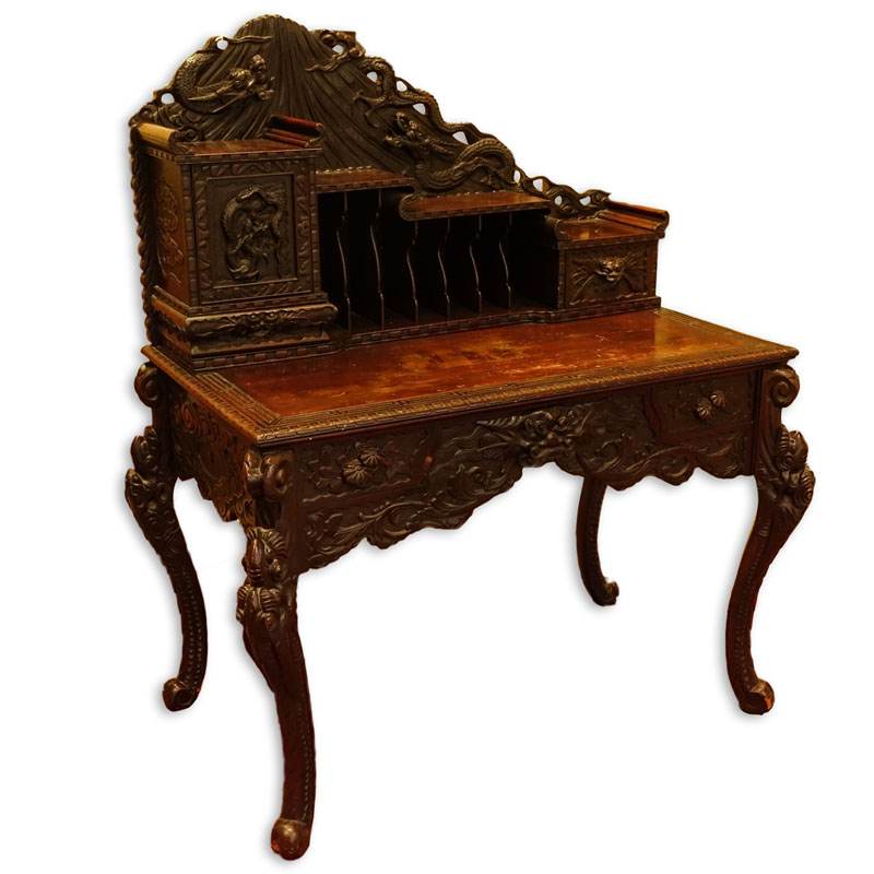 Early 20th Century Carved Japanese Mt. Fuji and Dragon Relief Writing Desk.