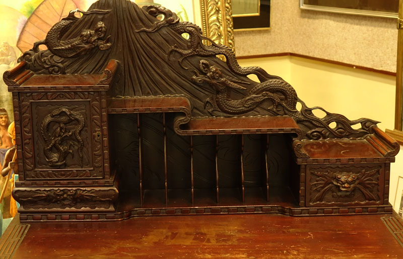 Early 20th Century Carved Japanese Mt. Fuji and Dragon Relief Writing Desk.