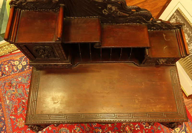 Early 20th Century Carved Japanese Mt. Fuji and Dragon Relief Writing Desk.