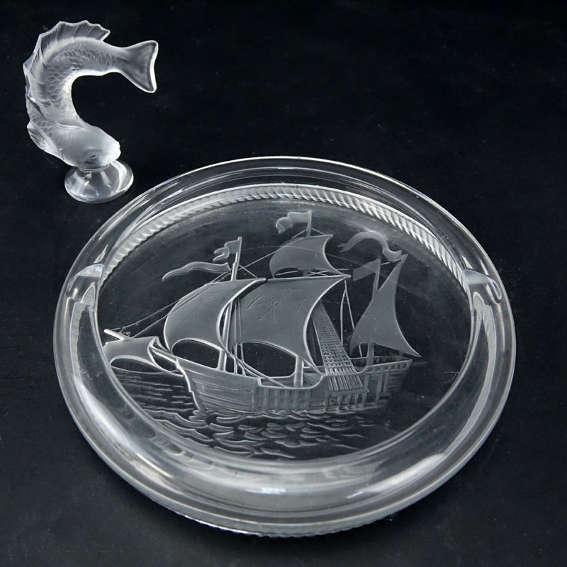 Two (2) Piece Lalique Lot. Includes: "Goujon" fish paperweight, "Santa Maria" ashtray.